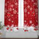 Christmas Sheer Curtain 63 Inch Length 2 Panels Light Filtering Snowflake Window Curtain Red Sheer Voile Curtains Xmas Ball Glitter Sparkle Snow Rod Pocket Window Treatment for Living Room