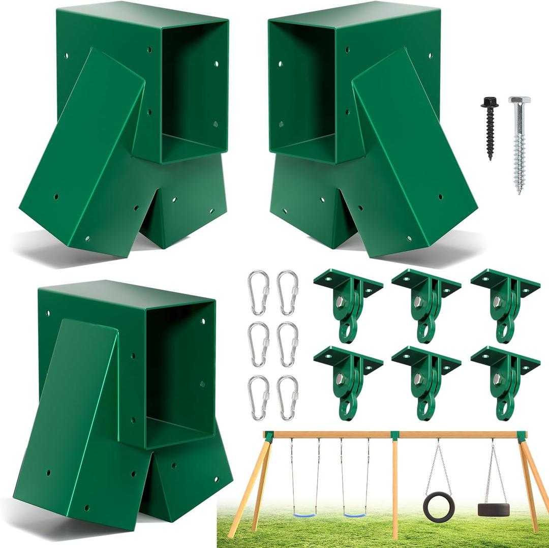 Heavy Duty Swing Sets Bracket Kit, Including 3 A-Frame Swing Set Brackets and 4 Swing Hangers, for Playground Equipment Mounting Parts, Porch, Yard (Green)