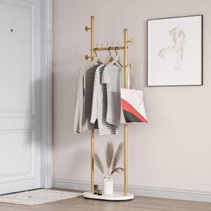 Gold Clothing Rack With Shelves, Gold Coat Rack Freestanding with Marble Base, Coat Hanger Hat Tree Standing Clothes Racks for Boutique, Bedroom