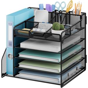 Lavatino Desk Organizer, 5-Tier Metal Mesh Paper Letter Tray with 1 File Holders & 7 Flexible Dividers for Office or Home Desk Organizers and Accessories, Keep Workspace Supplies Neat, Black