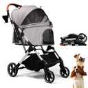 Pet Stroller for Small Medium Dogs Cats Up to 45 lbs, Travel Lite Collapsible, All Terrain 4 Wheels for Jogging, Running, Grey