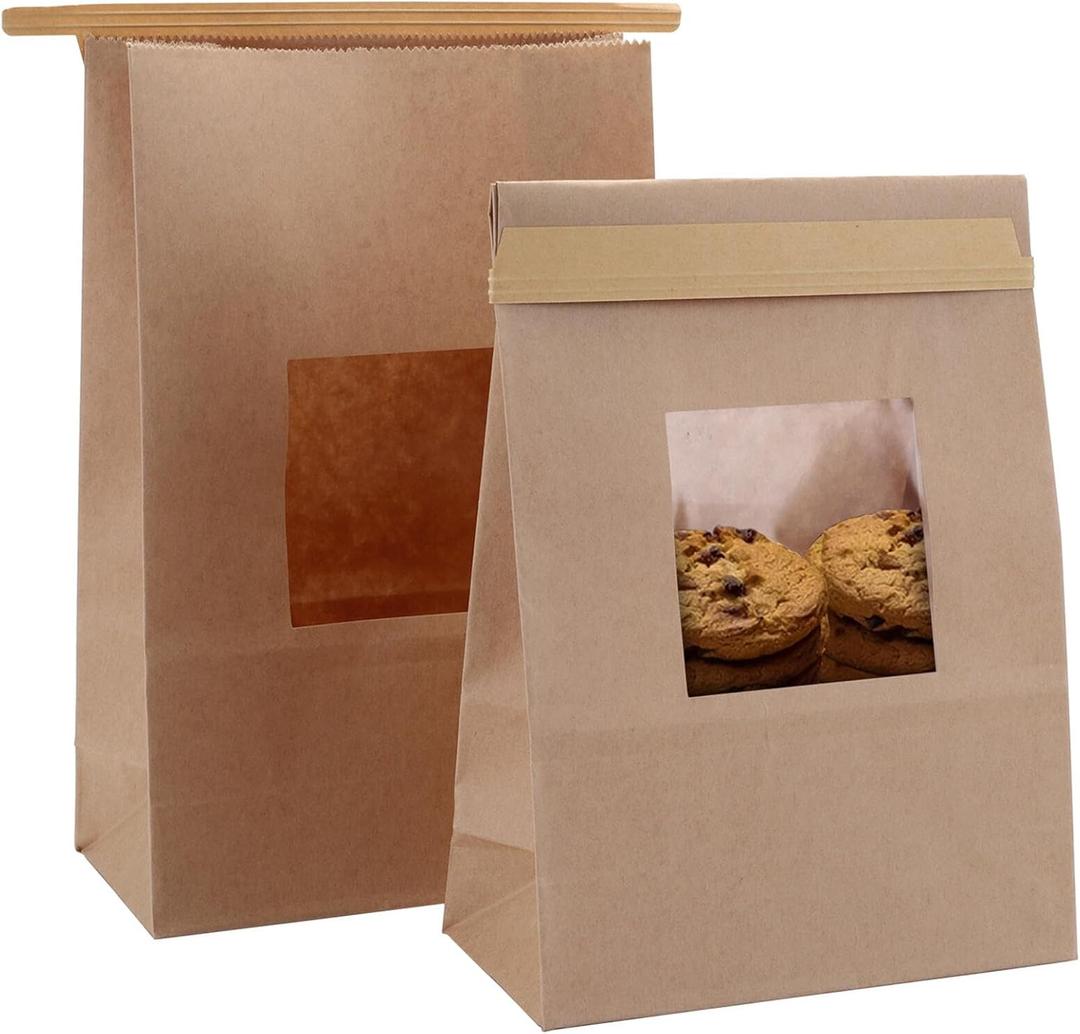Yopay 100 Pack Kraft Paper Bakery Bags with Window, Tin Tie Tab Lock, 5.9 x 2.8 x 9.2 inch for Cookies, Treats, Coffee Beans