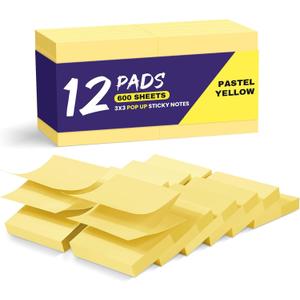 3 x Pop Up Sticky Notes, 12 Pads, 3x3 inches, Yellow Self-Stick Note Pads, Perfect for Office, Study, and Daily Life Organization - Yellow