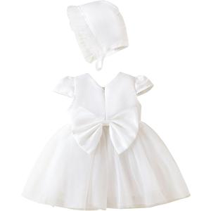 Newborn Baby Girl Christening Dress White Baptism Lace Long Sleeve Fall Wedding Dresses with Bonnet Outfit (0-3 Months)