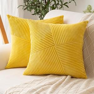 ZSkogur Decorative Throw Pillow Covers 18x18 Inch Set of 2 for Boho Living Room Farmhouse Home Decor, Spring Pillow Covers for Couch Bed, Soft Corduroy Striped Patchwork Cushion Cases, Yellow