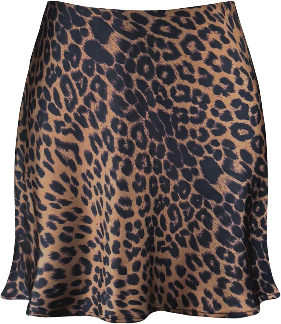 Women's Satin Mini Skirt Leopard Print High Waist Elastic Y2k Cute Silk Short Skirts for Women (Leopard Brown 02) S