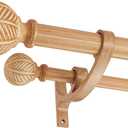 Wood Double Curtain Rods Set for Windows 72 to 144 Inches (6 to 12 ft), Adjustable Heavy Duty Dual Drapery Rods,1 Inch Boho Rustic Decorative Design with Imitation Wood Grain Leaf Finials