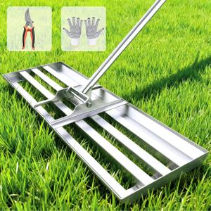 Lawn Leveling Rake 30"x10", Professional Stainless Steel Lawn Leveler Tool with Adjustable 78" Handle, Heavy Duty Anti-Fracture Connectors, Curved Edge Landscape Rake for Garden, Golf Course, Farm