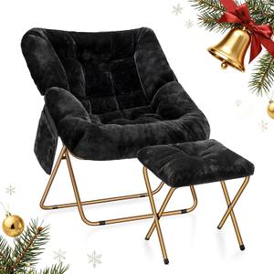 Comfy Saucer Chair for Adults, Foldable Living Room Chairs, Soft Faux Fur Lounge Chair for Bedroom, Reading Chairs, X-Large (Ottoman-Black)