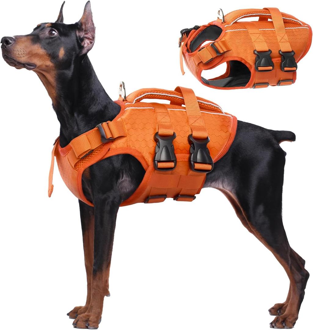 Kuoser Dog Life Jacket High Flotation, Reflective Dogs Life Vest for Swimming Boating, Adjustable Small Medium Large Dog lifejacket, Lightweight Dogs Life Preserver Rescue Handle Spring Summer Pool (X-Large (Chest Girth:25.9-33.4''), Orange)