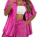 TIYOMI Women's Plus Size 2 Piece Sets for Women 3X Suits Hot Pink Lounge Set Short Sleeve Button Down Outfits Pleated Top & Wide Leg Pants Textured Summer Shorts Streetwear 3XL 22W 24W