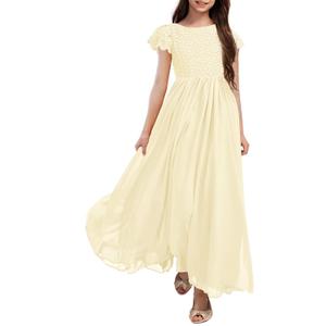 HOSIKA Girls Vintage Chiffon Ruffle Sleeve A-Line Wedding Party Maxi Junior Bridesmaid Dress for Kids 12 Years Apricot