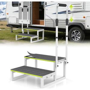 RV Step Stool with Handrail, 2 Step Stool with 1 Handrail, Wide Platform & Anti-Slip Mats, Portable Stairs for Hot Tub/Camper/Mobile Home/Porch/SPA Pool/Pet Stairs