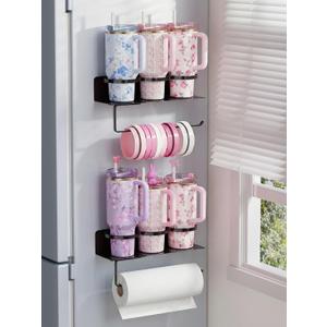 YIGII Magnetic Cup Holder for Fridge, 2 Pack Water Bottle Organizer for Stanley Cup with Tumbler Lid Holder, Magnetic Tumbler Storage Rack for Metal Surfaces (Black)