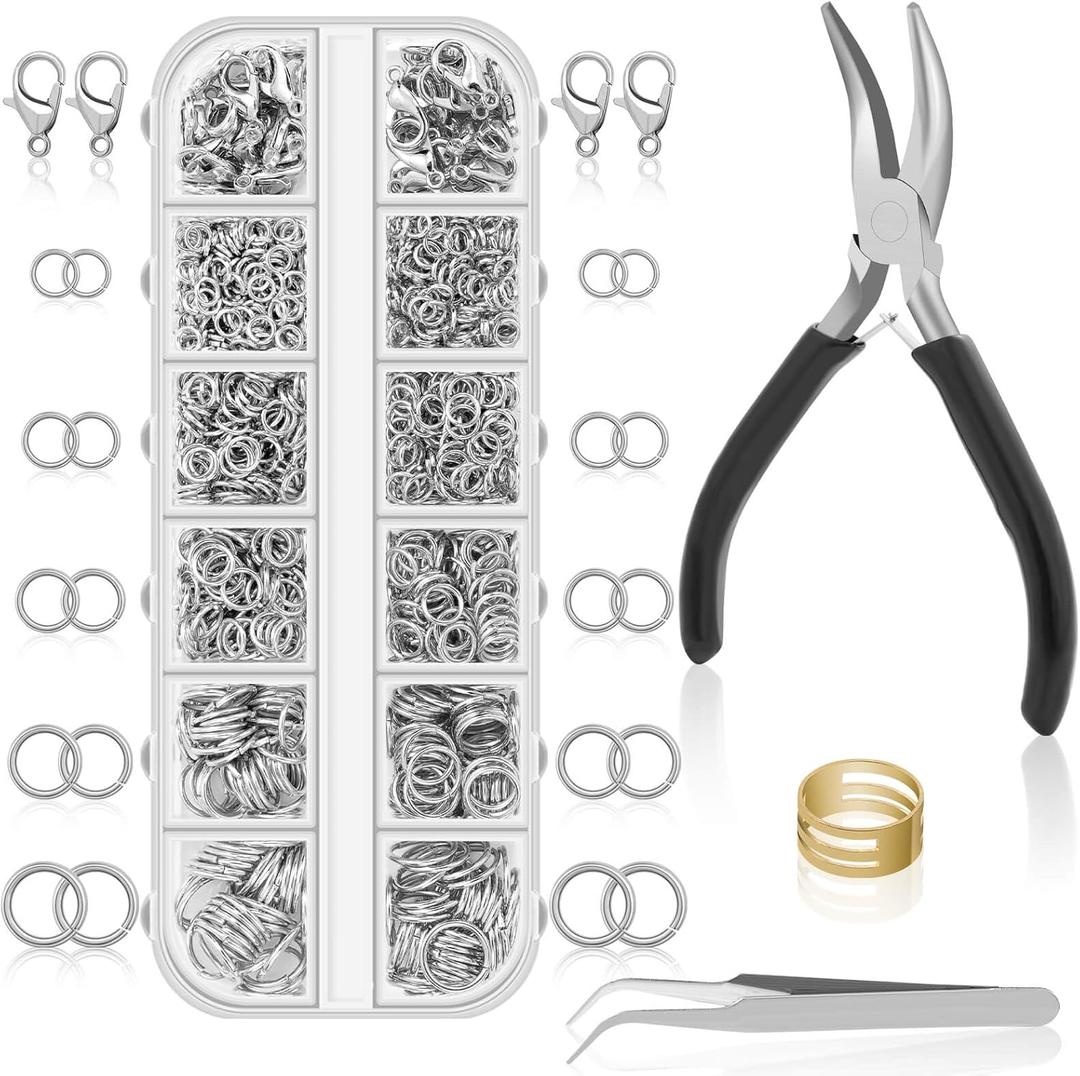 Anezus 1200PCS Jump Rings for Jewelry Making Kit, Jump Rings and Necklace Clasps with Jump Ring Pliers Tools for Jewelry Making Supplies and Necklace Repair (Silver)