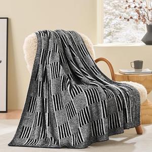 Snuggle Sac Checkered Throw Blanket, Black Fluffy Faux Fur Reversible Soft Microfiber Warm Throw Blankets for Couch,Sofa,Travel,Cozy Lightweight Striped Blankets for Women,Heather Black,50x60 inches