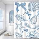 Blue Cute Beach Shower Curtain, Blue Ocean Beach Seashell Starfish Themed Bathroom Waterproof Fabric Coastal Summer Girly Shower Curtain Set with Hooks for Bathroom Decor 72x72 Inch
