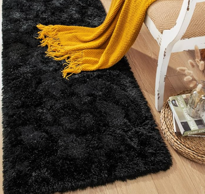 Rtizon Shag Area Rug for Bedroom, 4x6 Feet Fluffy Rugs for Girls Boy's Bed Bedside, Plush Carpet with Non-Slip Bottom for Living Room Office Dorm Nursery Room, Black