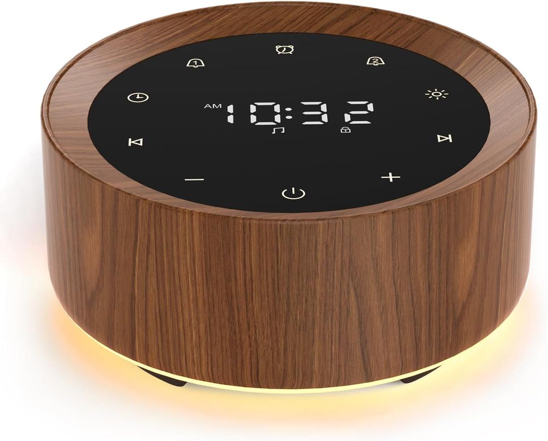 White Noise Machine with Alarm Clock & Night Light for Babies and Adults, 20 Soothing Sounds, Glare-Free Upward Display, Touch Control, Memory Function, 5 Sleep Timers, Wood Grain (Medium: 4.57 x 4.57 x 2.16 Inch)