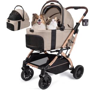Small Dog Stroller, 5-in-1 Foldable Pet Stroller for Small Dogs Cats 10-20 lbs - 1-Click Fold Without Detaching Carrier, Removable Waterproof Carrier, All Terrain 4 Wheels for Outdoor Travel, Khaki