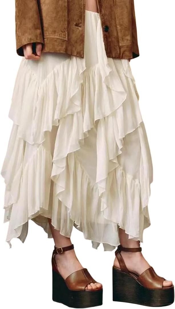 Wyeysyt Women's Ruffle Maxi Skirt Flowy Long Layered Skirts A Line Tiered Trendy Skirt (Beige, L)