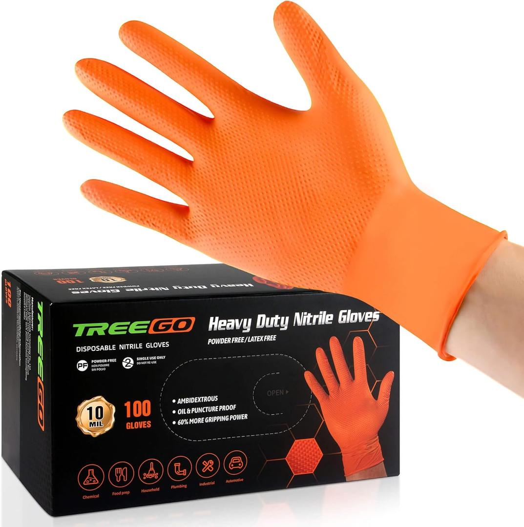 TREEGO 10 Mil Black Nitrile Gloves Heavy Duty  Raised Diamond Texture Grip, Latex Free Disposable Mechanic Work Gloves, Large, 100 Count