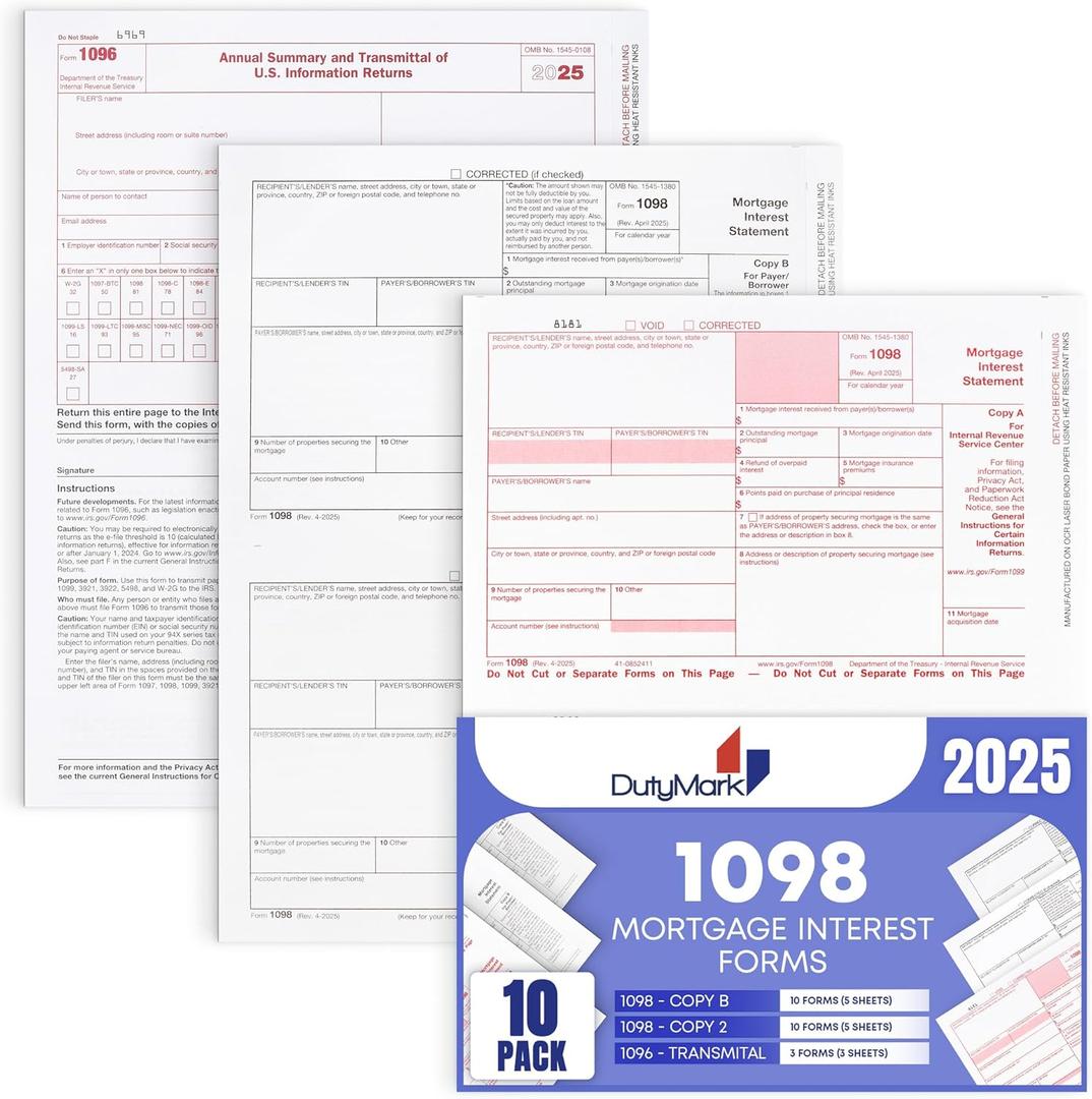 1098 Mortgage Interest Tax Form 2025, 2 Part Laser Federal Tax Forms kit with 1096 Transmittal Designed for QuickBooks and Accounting Software Pack of 10