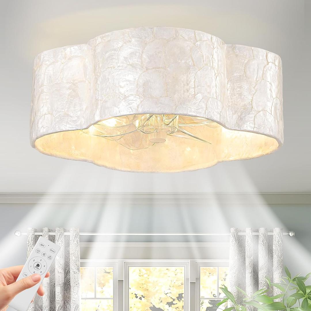 Boho Coastal Ceiling Fan with Lights and Remote, Caged Shell Shade, Medium