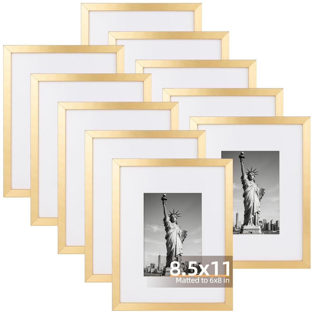 4X6 Picture Frame Set of 10, Display Pictures 3.5X5 with Mat or 4X6 without Mat, Photo Frames for Wall Mounting or Table Top Display, Gold