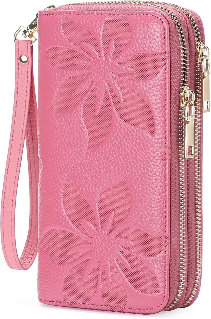 GOIACII Women's Wallet Large Capacity Double Zip Ladies Card Phone Holder RFID Blocking Wristlet Leather (A12 Barbie Pink)