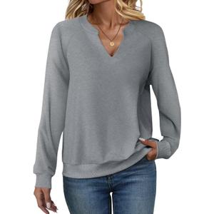 EADINVE Women Casual Long Sleeve V Neck Sweatshirts Cute Loose Fit Lightweight Pullover Tops (Large, Grey)