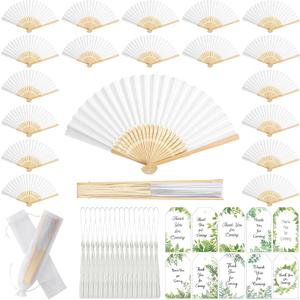 Marsui 100 Set Folding Fans Wedding Fans Bamboo Hand Held Sandalwood Fans with Thank You Cards, Tassels and Gift Bags for Wedding Guests Party Favors Bridal Shower Church Decoration (White)
