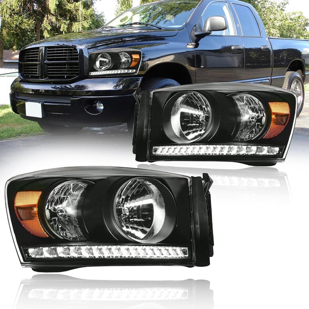 LED Headlight Assembly, Compatible with 2006 2007 2008 Dodge Ram 1500/2006-2009 Ram 2500 3500(Fits Models with Halogen Headlamps Only) Headlights Kit, Black Housing Amber Reflector