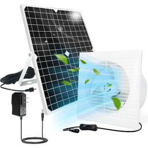 Solar Powered Fan, 9.1" Solar Exhaust Fan Kit, 25W Waterproof Chicken Coop Fans with 14.8Ft On/Off Switch Cable & Power Adapter, Cooling Ventilation for Greenhouse, Shed, Outside, Garages, Dog House