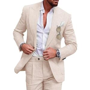 UNINUKOO Linen Suit for Men Summer Wedding 2 Piece Suit Set Peak Lapel Casual Blazer Pants Beach Wear for Men (Beige, M)