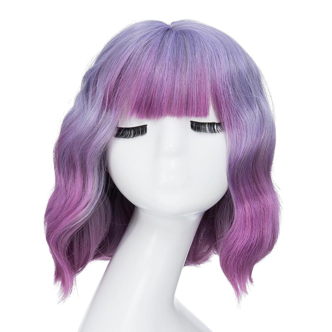 Yamel Short Hair Wigs Bob Wig Short Curly Wig with Bangs Light Purple to Rose Short Wigs for Women Daily Use Cosplay Wig