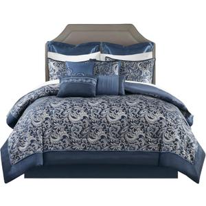 Madison Park Essentials Brystol 24 Piece Room in a Bag Faux Silk Comforter Jacquard Paisley Design Matching Curtains Down Alternative All Season Bedding-Set, Cal King(104 in x 92 in), Navy 24 Piece