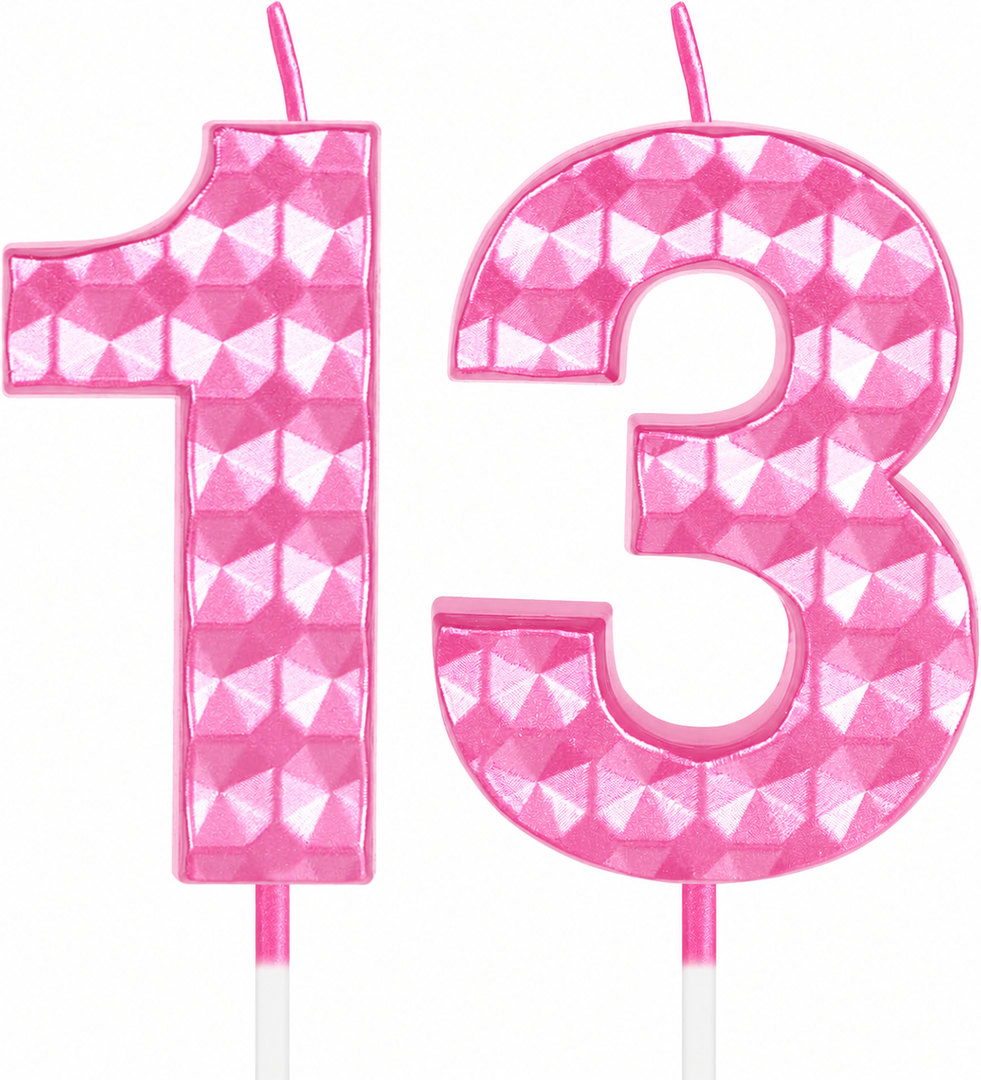 Pink 13th Birthday Candles,Diamond Design 3D Number 13 Birthday Candle,Happy 13th Birthday Cake Topper Decorations for Girls Women Birthday Anniversary Wedding Party Celebration Supplies