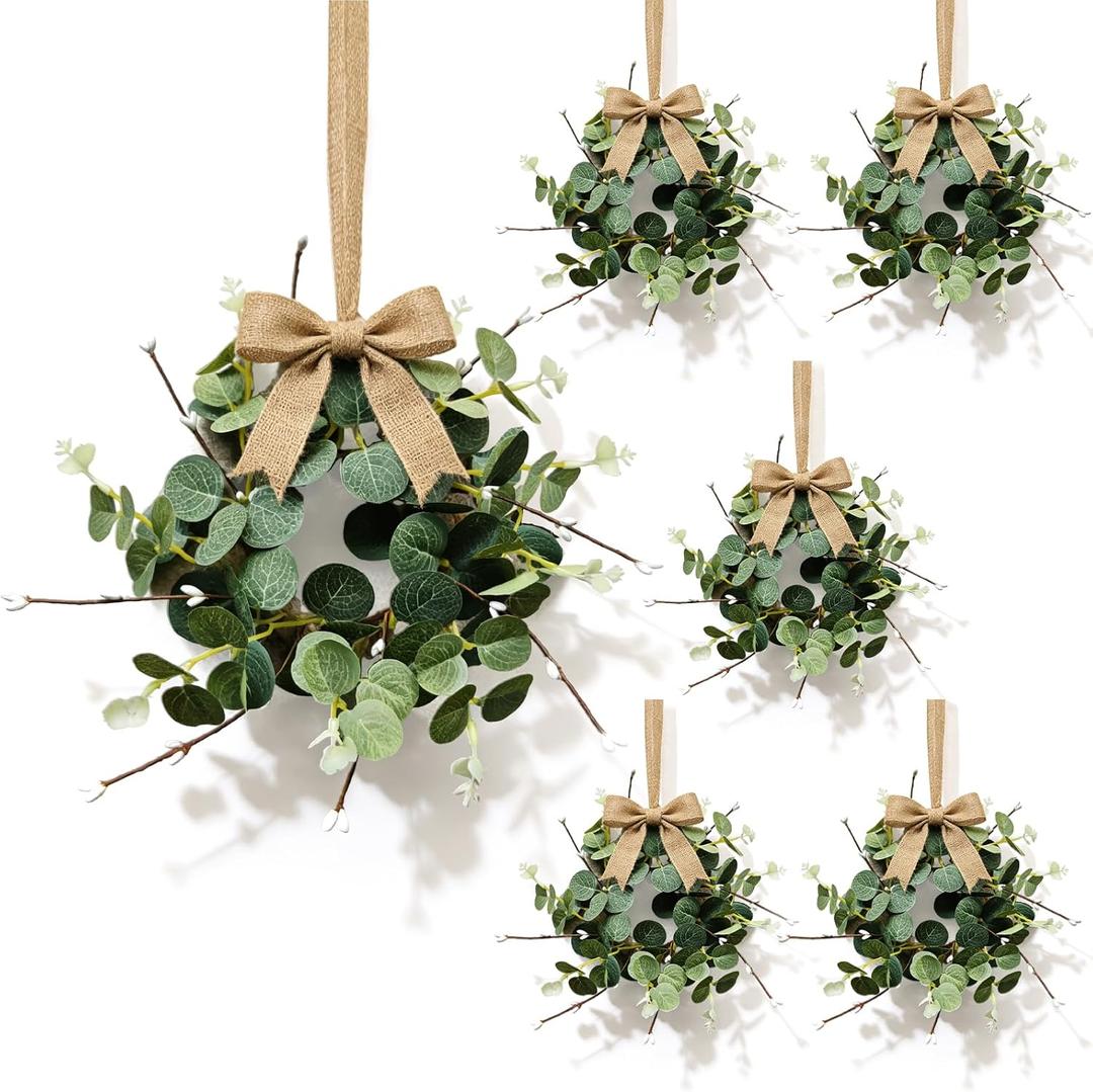 6 Pcs Small Eucalyptus Hanging Wreaths for Cabinets Artificial Greenery Mini Candle Ring Wreath with White Bud Stems and Linen Ribbon for Home Kitchen Front Door Window Wall Wedding Farmhouse Decor