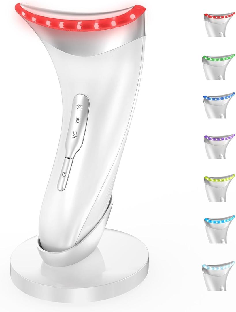 7 Color LED Neck Face Massager Red Light Care Beauty Device, Vibration & Heat Facial Sculptor Massager Tool for Anti-Wrinkle Skin Care, Ideal for Home Travel Gifts, White