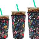 YR Reusable Neoprene Insulator Sleeve for Iced Coffee Cups, 3 Pack Coffee Coolies sleeves for Iced & Hot Drinks, Cold Beverage Cooler Compatible with Starbucks Coffee and More (Little Flower)