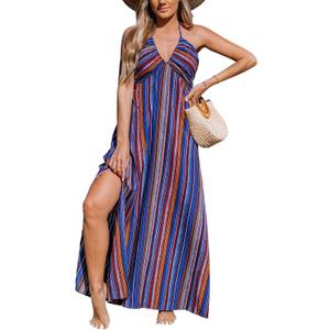 CUPSHE Women Backless Ruffle Summer Dress Halter Plunging V Smocked Waist Back Bow Tie Tiered Maxi Casual Beach Dresses