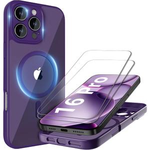 Cufelf Magnetic for iPhone 16 Pro Case(Compatible with Magsafe) Full Camera Protection,2+Full Coverage Screen Protector,Translucent Matte,Military Drop Protection Phone Case,6.3",Purple