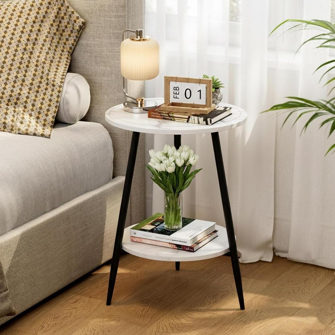 ShellKingdom Small Round Side Table, 2 Tier Marble Pattern End Table for Indoor Outdoor Bedroom Living Room Home Office Nightstand with Metal Frame (White Marble)