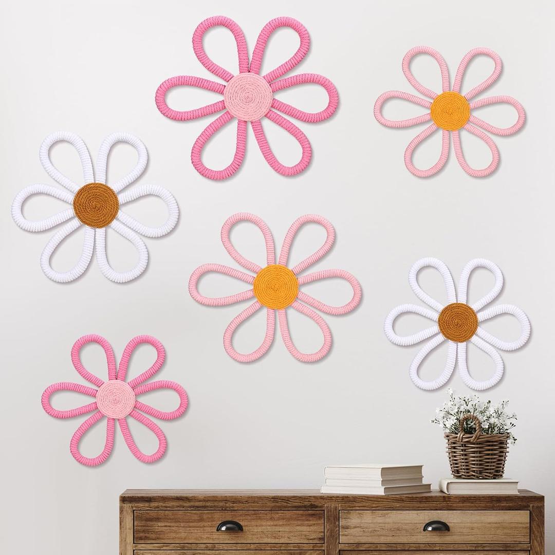 Barydat 6 Pcs Boho Nursery Decor Daisy Flower Woven Macrame Wall Hanging 3 Size Daisy Flower Wall Decor Bohemian Nursery Decorations for Home Dorm Art(Cute Color)
