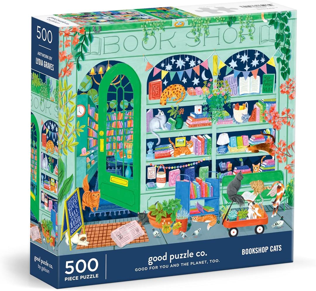 Good Puzzle Co Bookshop Cats – 500 Piece Jigsaw Puzzle Featuring Beautiful Artwork of A Cozy Bookshop Storefront with Cats