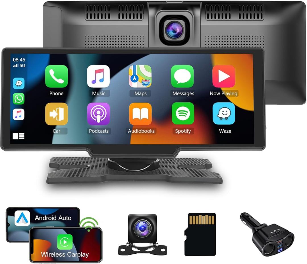 Portable Car Radio Wireless Carplay Car Screen with Dash Cam, 9.3'' IPS Touch Screen Android Auto 1080p Backup Camera Dual Bluetooth GPS Mirror Link/Siri/FM/AUX Dash Mount