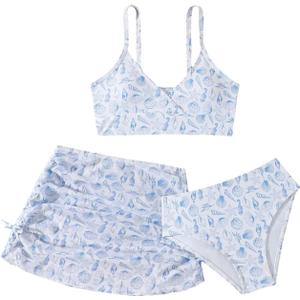 COZYEASE Girls' 3 Piece Set Floral Print Bikini Swimsuit with Drawstring Beach Skirt Cute Ruched Bathing Suit (9 Years, Blue Graphic White)