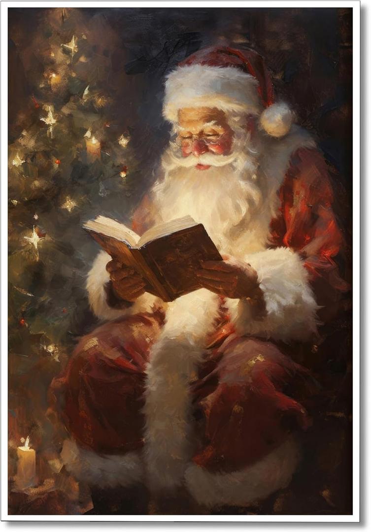 Wodkodnxy Vintage Christmas Canvas Wall Art, Santa Claus Reading Book Pictures for Wall Decor, Christmas Poster Santa Picture, Xmas Wall Decorations 16x24in Unframed