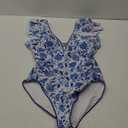 Aidonger Women's One Piece Ruffle Swimsuit Tummy Control Bathing Suit V Neck Shell Stitched Swim Suit Slimming Swimwear, Size 2XL, Blue Print